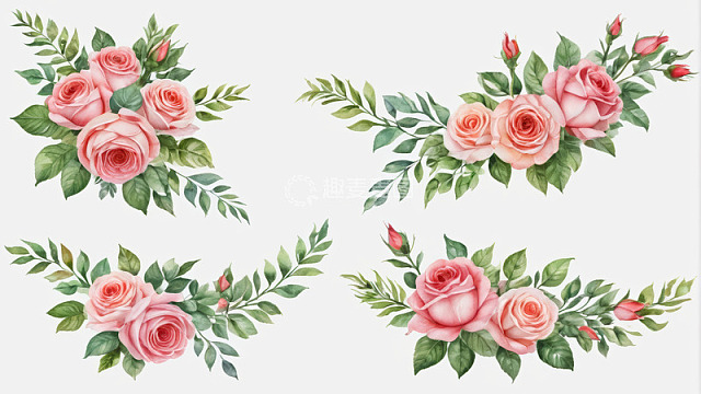 粉色玫瑰绿叶装饰素材