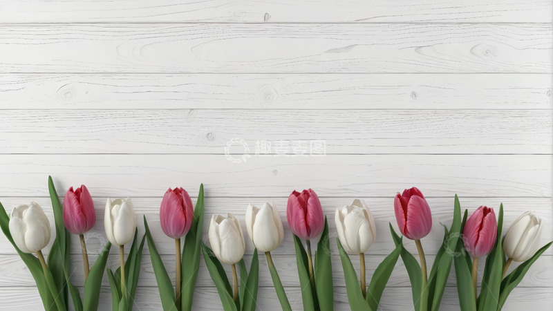 高清大图下载【趣麦麦图】白色木背景上的粉白郁金香