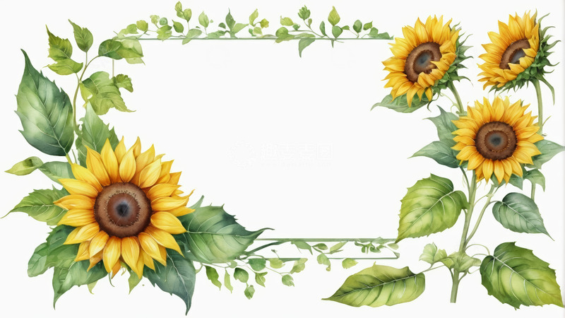 高清大图下载【趣麦麦图】向日葵绿叶植物装饰边框