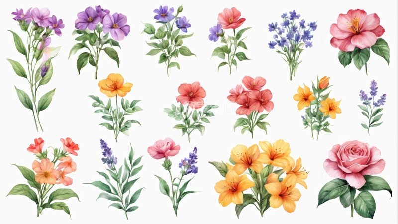 高清大图下载【趣麦麦图】多样水彩花卉插画
