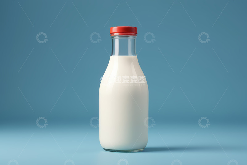 高清大图下载【趣麦麦图】蓝色背景下的玻璃瓶装牛奶