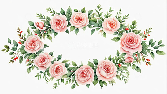 粉色玫瑰绿叶花环插画