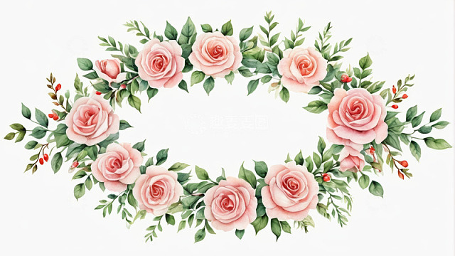 粉色玫瑰绿叶花环插画