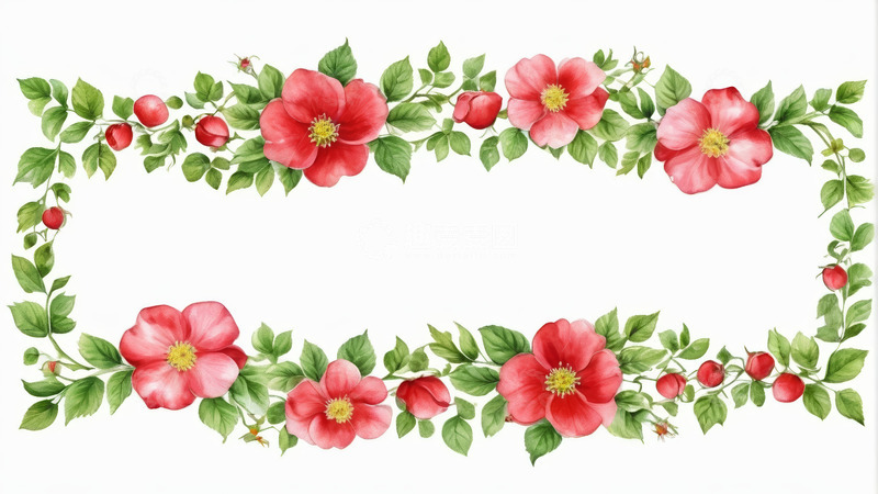 高清大图下载【趣麦麦图】红色花卉绿叶装饰边框