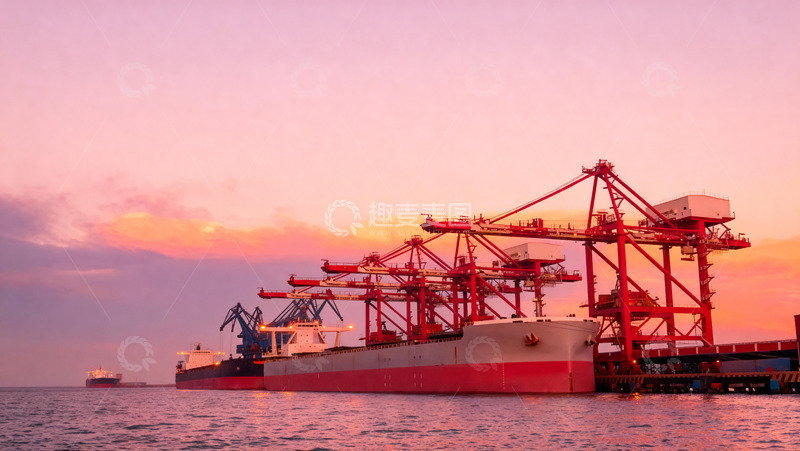 高清大图下载【趣麦麦图】-港口黄昏散货船作业场景