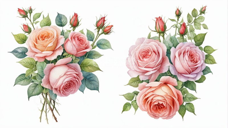 高清大图下载【趣麦麦图】两束粉色玫瑰花插画