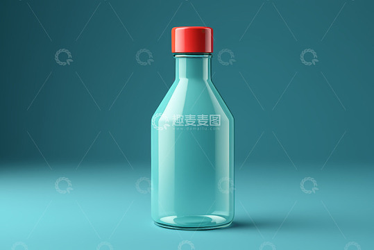 蓝色背景下带红盖的透明玻璃瓶