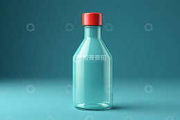 蓝色背景下带红盖的透明玻璃瓶