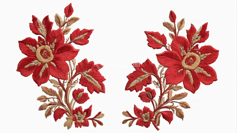 高清大图下载【趣麦麦图】红色花卉刺绣图案素材