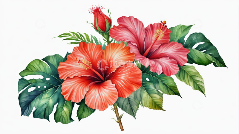 高清大图下载【趣麦麦图】两朵鲜艳的扶桑花插画