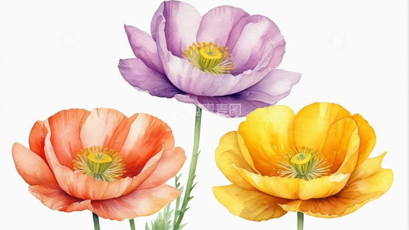高清大图下载【趣麦麦图】三色水彩花朵插画