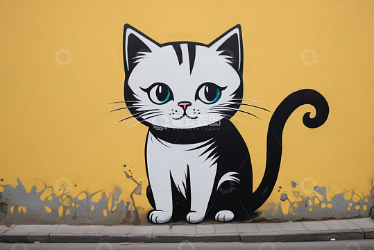黄墙黑猫涂鸦壁画