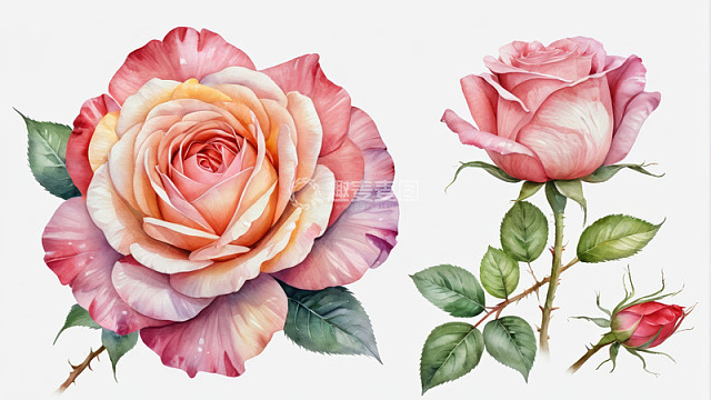 两朵水彩风格玫瑰花插画