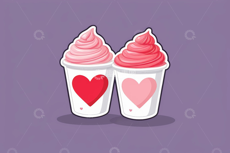 高清大图下载【趣麦麦图】双杯爱心图案的卡通冰淇淋