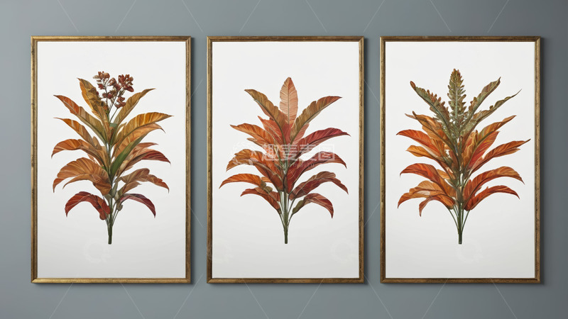 高清大图下载【趣麦麦图】三幅植物装饰画挂于灰墙