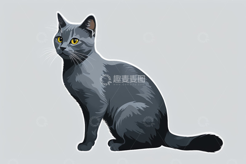 高清大图下载【趣麦麦图】灰色猫咪坐立插画