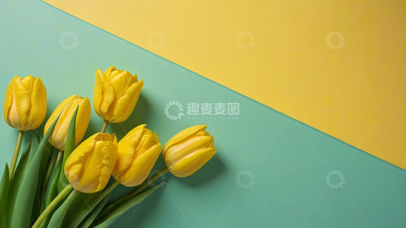 高清大图下载【趣麦麦图】黄绿背景上的黄色郁金香