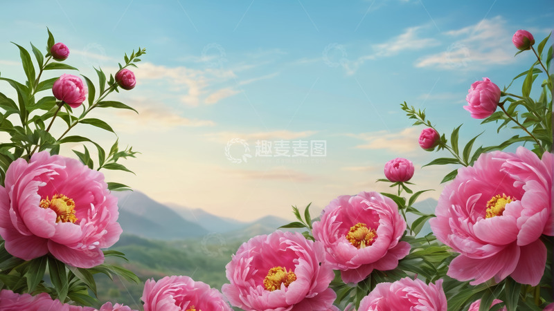 高清大图下载【趣麦麦图】盛开的粉色牡丹花与远山背景