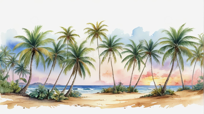 高清大图下载【趣麦麦图】海滩边的椰林自然风光