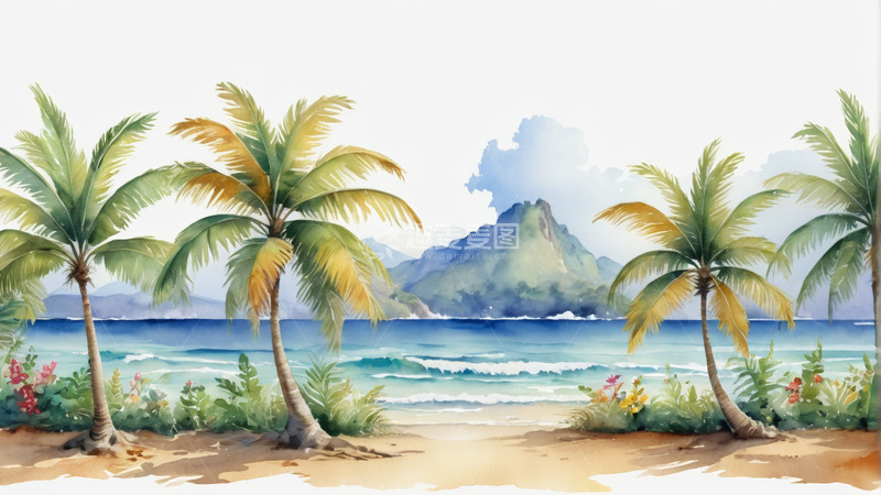高清大图下载【趣麦麦图】水彩风格热带海滩风光