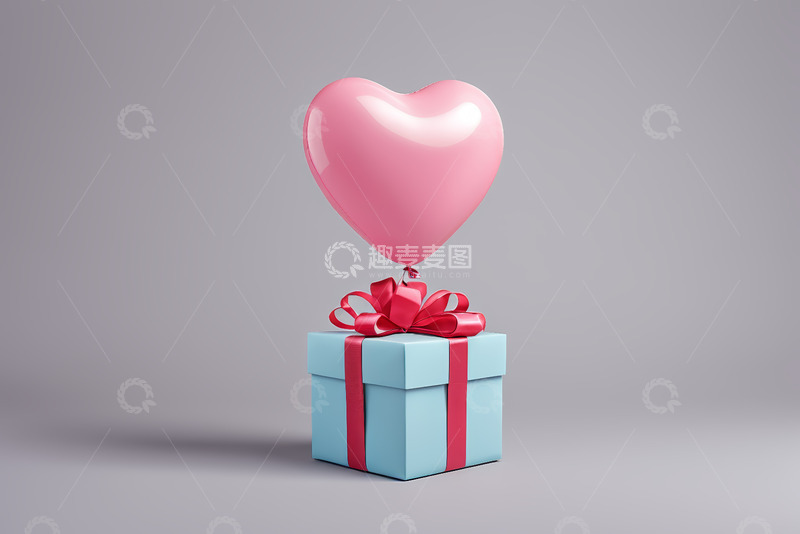高清大图下载【趣麦麦图】心形气球系于蓝色礼物盒上