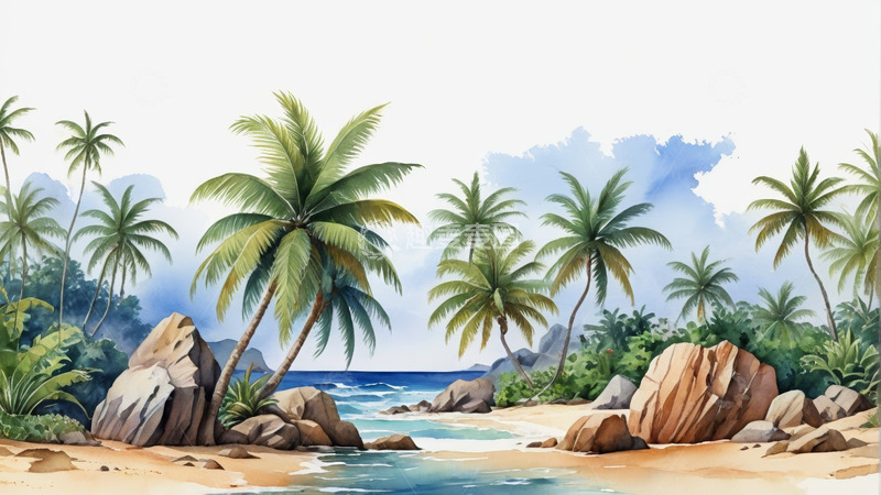 高清大图下载【趣麦麦图】热带海滩椰林岩石风景