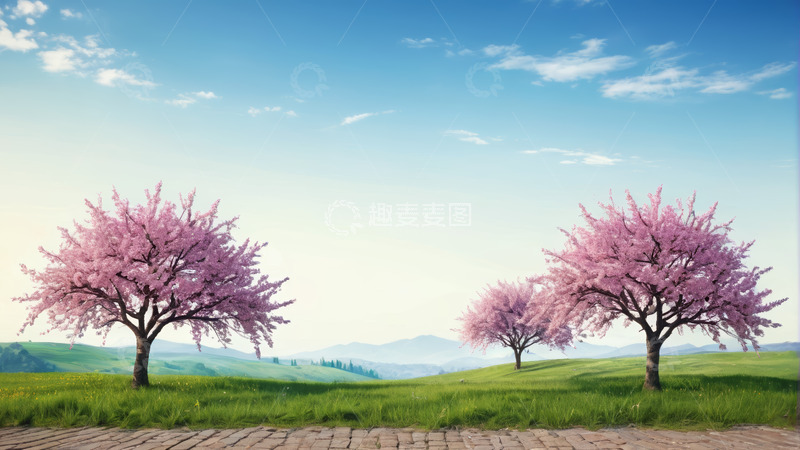 高清大图下载【趣麦麦图】原野上盛开的粉色樱花树