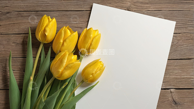 木质背景上的黄色郁金香与白纸