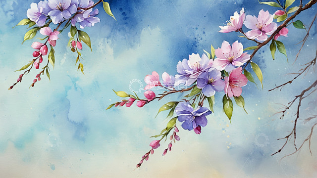 水彩风格绽放的花枝画面