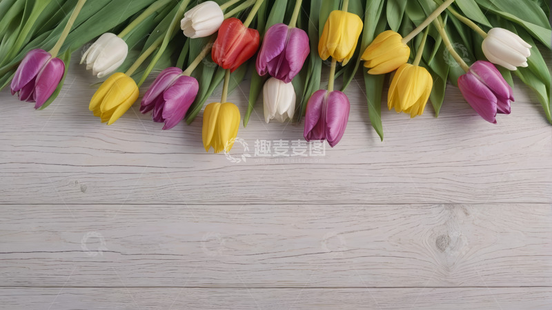 高清大图下载【趣麦麦图】木质背景上的多彩郁金香