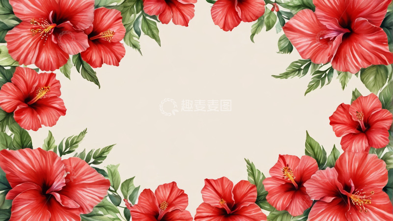 高清大图下载【趣麦麦图】红色花卉绿叶边框背景素材
