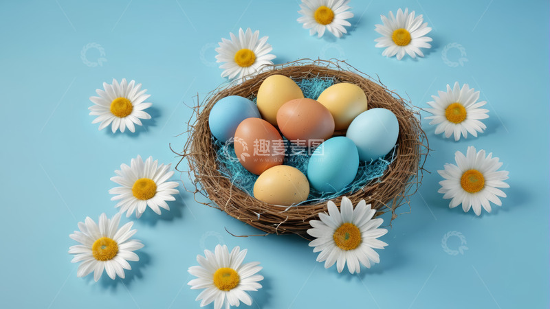 高清大图下载【趣麦麦图】蓝色背景巢中复活节彩蛋装饰