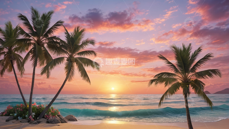 高清大图下载【趣麦麦图】海滩日落与棕榈树风景