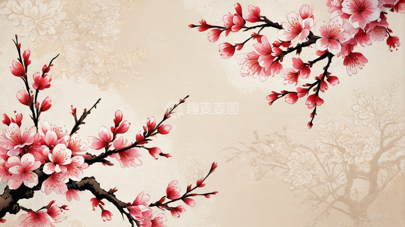 高清大图下载【趣麦麦图】中式风格盛开的粉色花卉背景