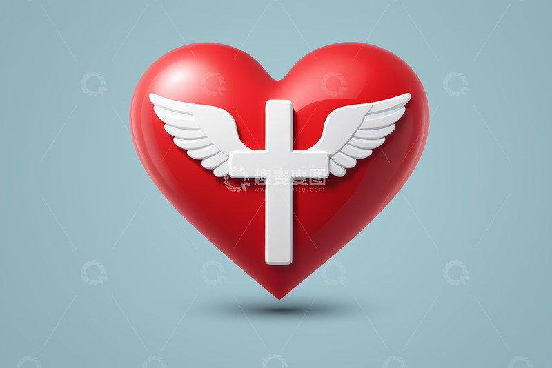 高清大图下载【趣麦麦图】带翅膀十字架的红色爱心