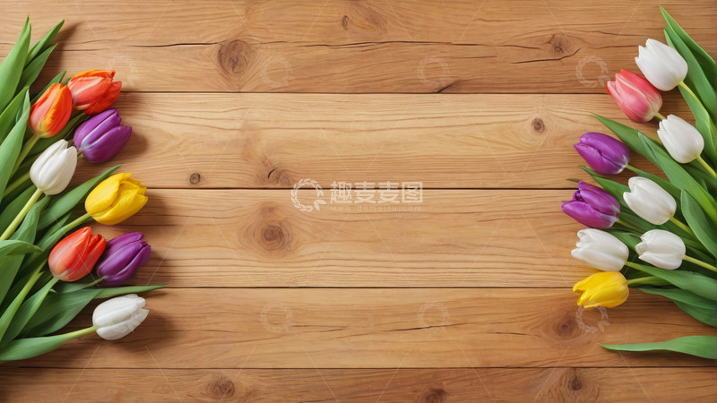 高清大图下载【趣麦麦图】木质背景上的多彩郁金香