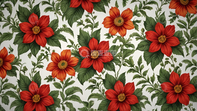 高清大图下载【趣麦麦图】红色花卉绿叶装饰图案