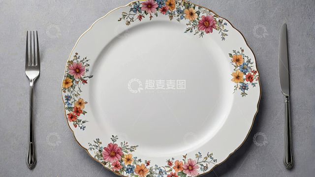 花卉图案餐盘与餐具摆拍