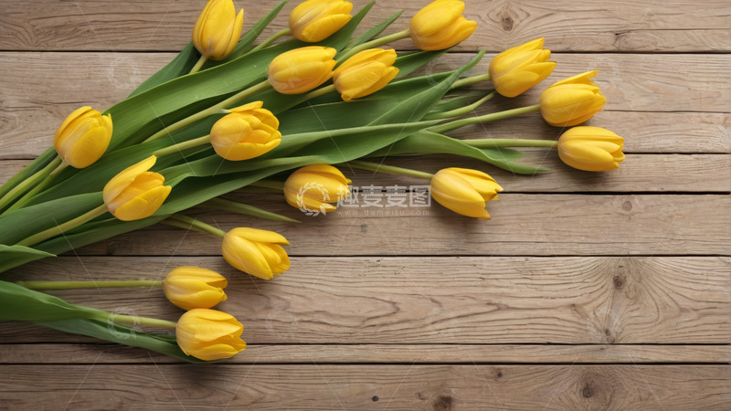 高清大图下载【趣麦麦图】木质背景上的黄色郁金香花束