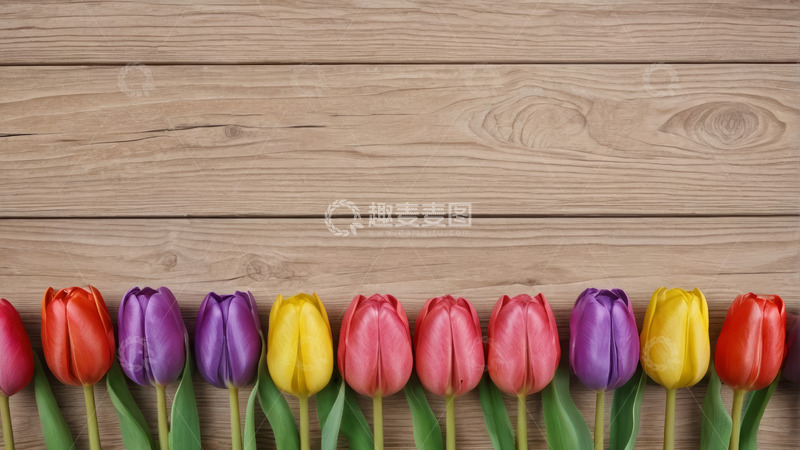 高清大图下载【趣麦麦图】木纹背景彩色郁金香