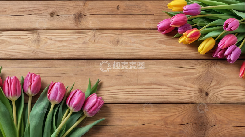 高清大图下载【趣麦麦图】木背景上的多彩郁金香花束