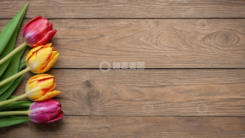 高清大图下载【趣麦麦图】木质背景上的多彩郁金香
