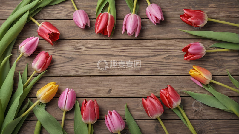 高清大图下载【趣麦麦图】木质背景上的多彩郁金香