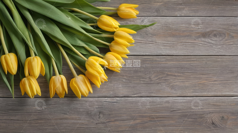 高清大图下载【趣麦麦图】木质背景上的黄色郁金香花束