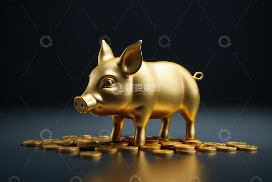 金色小猪存钱罐与硬币
