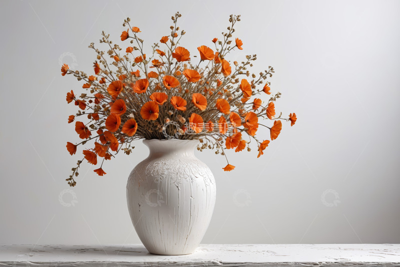 高清大图下载【趣麦麦图】白色花瓶中盛放的橙色花朵