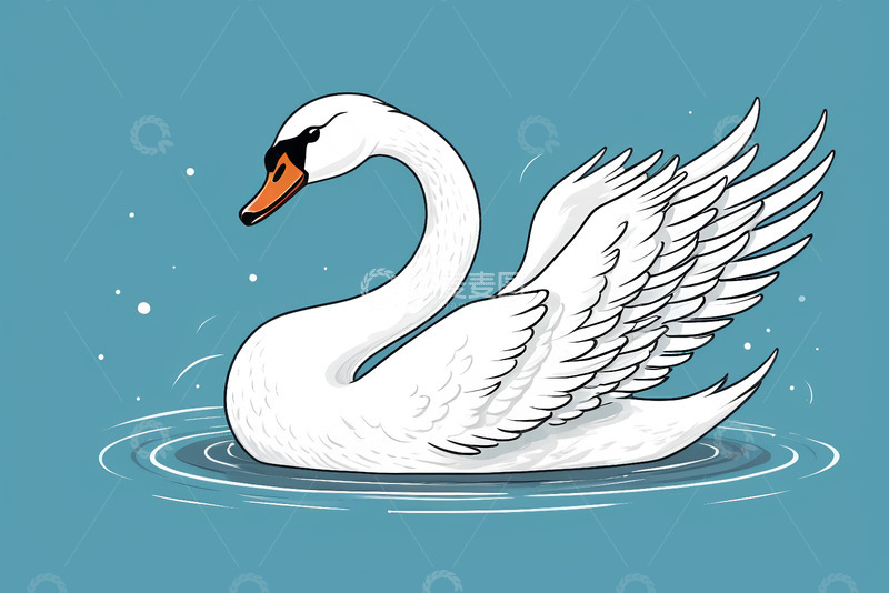 高清大图下载【趣麦麦图】水中展翅的白色天鹅插画