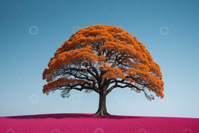 高清大图下载【趣麦麦图】橙树矗立粉色地面与蓝天间