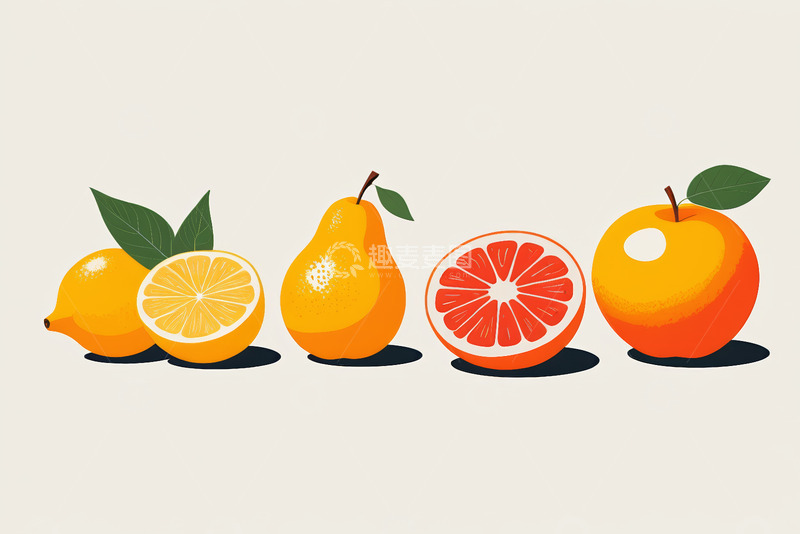 高清大图下载【趣麦麦图】多种柑橘类水果插画