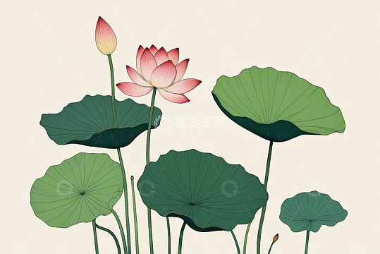手绘荷花荷叶插画素材